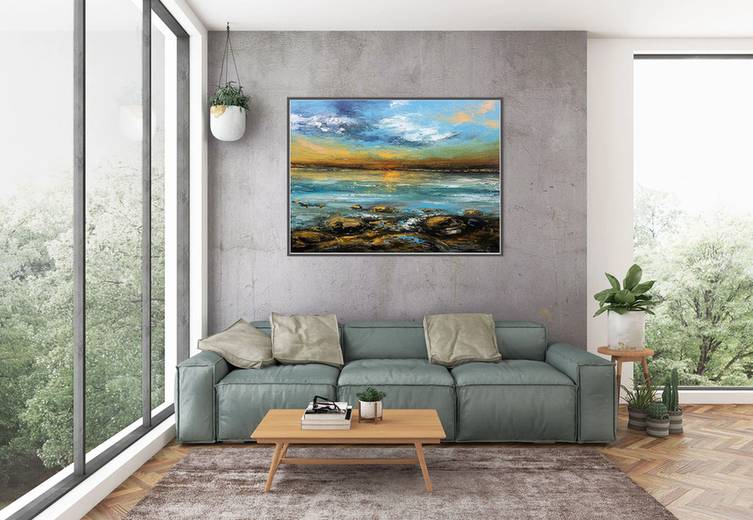 Sea Hand-painted Handmade Landscape Yellow You Abstract Canvas Artwork Z18A0